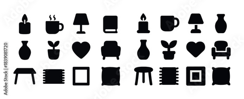 Silhouette icons of home decor and furniture elements