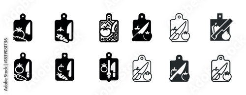 Set of kitchen icons featuring cutting boards with vegetables and knives