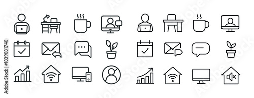 Home office essentials icons: work, communication, productivity, technology, minimalist set