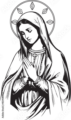 Sacred Devotion: A reverent depiction of a religious figure, exuding serenity and grace with folded hands and a halo of light.