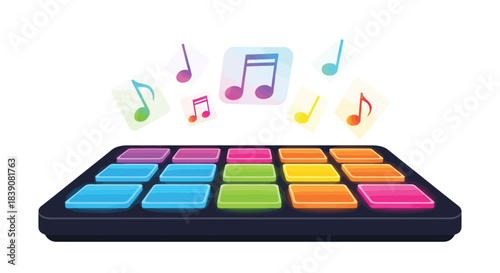 Colorful music production device with illuminated pads and musical notes floating above.