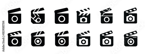 Collection of black camera and clapboard icons in minimalist design