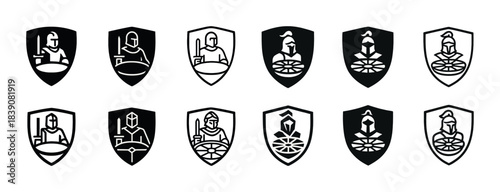 Medieval knight shields collection with swords and helmets icons