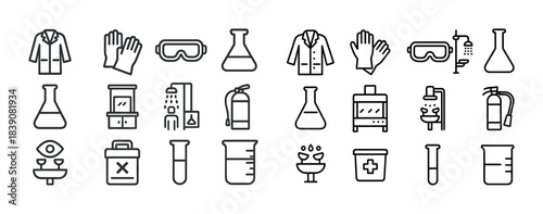 Laboratory safety equipment icons: coat, gloves, goggles, flask, fire extinguisher