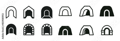 Diverse tunnel icons set: twelve unique vector designs in black and white