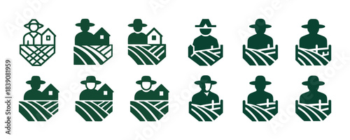 Minimalist farm icons featuring various male figures with hats in green