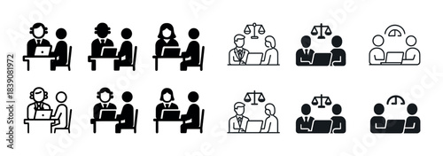 Black and white business icons: diverse office and legal teamwork illustrations