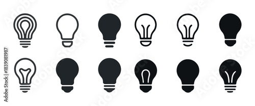 Set of diverse light bulb icon designs in black and white