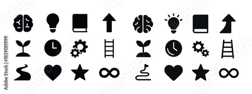 Icon set featuring brain, lightbulb, clock, seedling, and more symbols