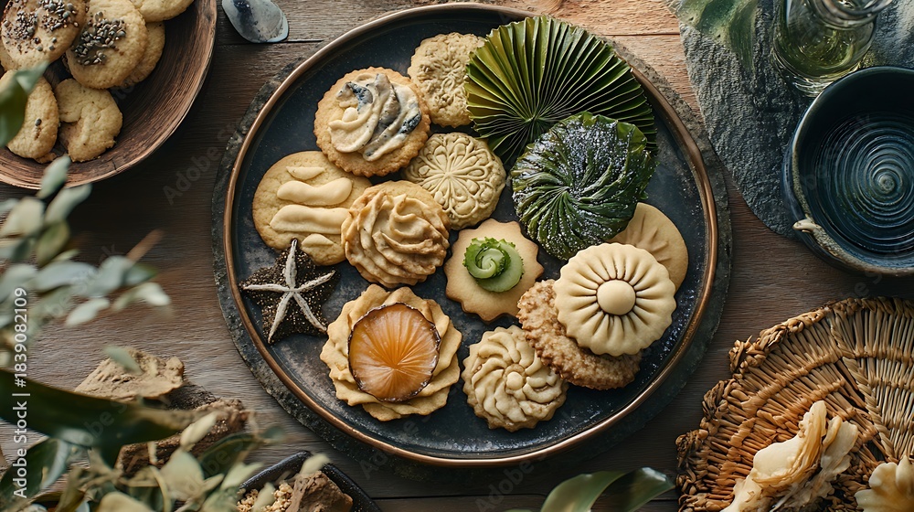 Fototapeta premium Assorted cookies arranged with seaweed decorations