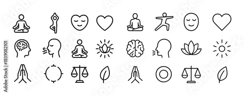 Set of minimalist meditation and wellness icons for mindfulness and balance
