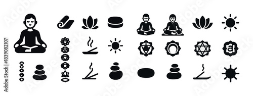 Yoga icons set: meditation, chakra symbols, incense, lotus