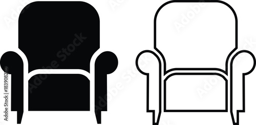 Furniture and chair icons set, collection of sofa, armchair, dining chair bar stool lounge seat, director chair table and seating symbols in solid and outline vector isolated on transparent background