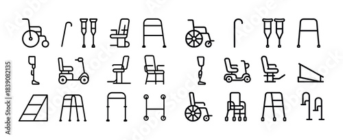 Mobility aid icons collection: wheelchairs, walkers, crutches, canes, scooters