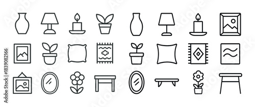 Minimalist home decor icons set featuring plants, lamps, candles, and frames