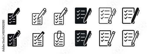 Set of pen and checklist icons in black and white for to-do lists and task management