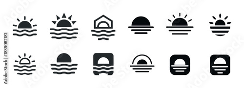 Sunset and sunrise icon set featuring various design styles
