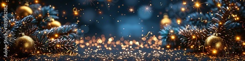 Panoramic Christmas lights and baubles with festive bokeh background in a wide banner format