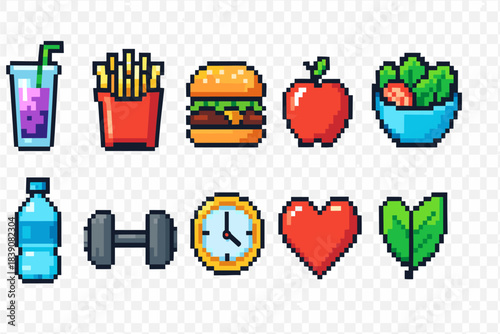 Pixel art food and fitness icon set. Colorful and healthy lifestyle icons collection