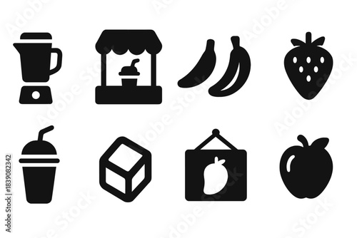 Fruit and blender solid icon set. Smoothie, market, and food silhouettes collection
