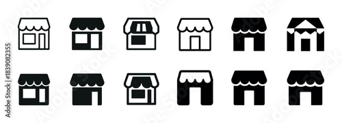 Set of twelve black and white storefront icons with awning designs