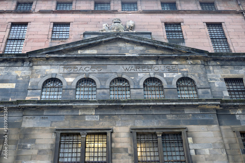 Stone Facade and Pediment of Old Victorian 19th Century Tobacco Warehouse 