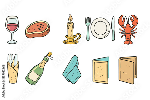 “Restaurant and dining icon set. Flat style menu, food, and beverage icons collection.”