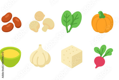 Vegetable and food flat icon set. Healthy eating and vegan ingredients collection