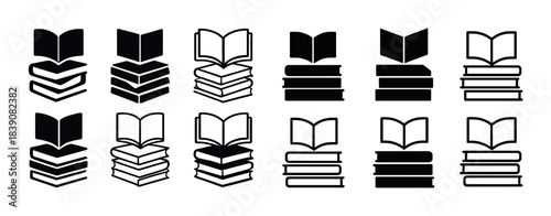Book icons collection: open and closed book designs in black and white
