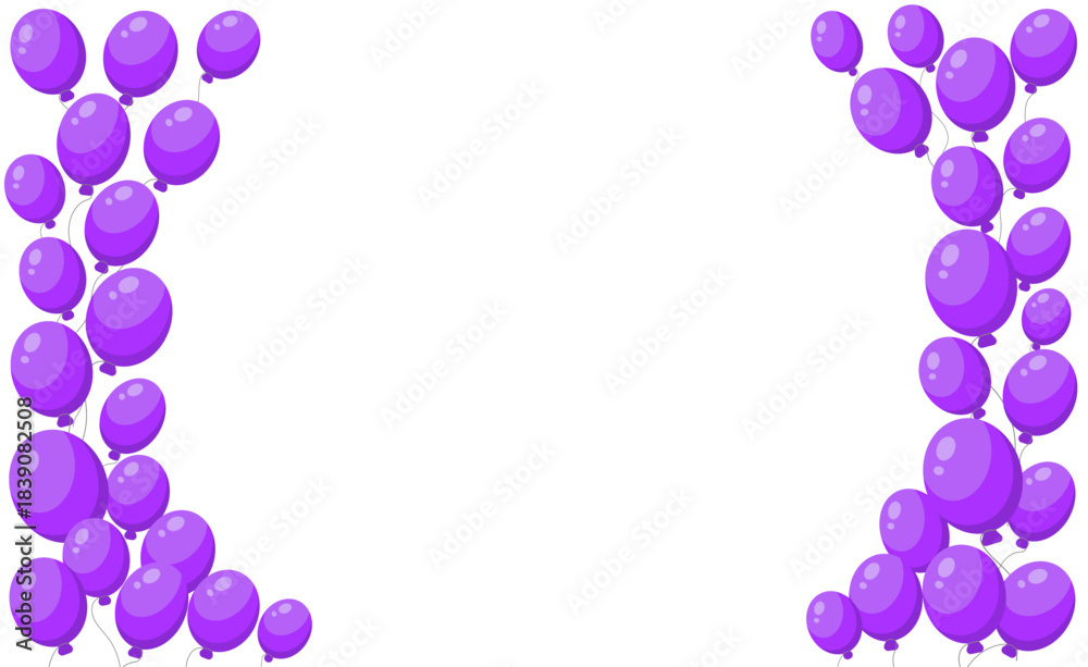 Obraz premium Purple balloon frame isolated on white background, air balloons border. Greeting card or banner opening, sale, festive concept. Vector illustration in flat style.