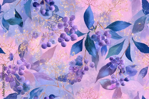 Whimsical Elderberry and fairy garden border watercolor whimsy with sparkling dew drops ethereal twilight color palette seamless pattern background