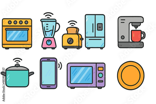 Kitchen appliances icon set. Flat household gadget icons for smart home tech.