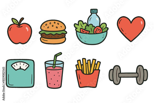 Healthy living icon set. Fitness, nutrition outline icons for wellness and diet.