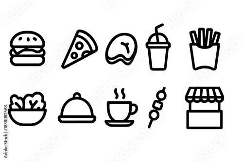 Food and drink outline icon set. Snack, meal, beverage icons in outline style