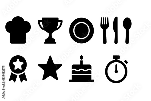 Culinary and celebration solid icon set. Chef hat, award, timer icons collection