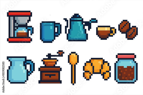 Vintage coffee pixel art icon set. Retro coffee, brewing icons pixel collection