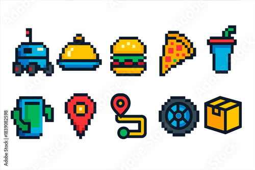 Pixel art icon set: food, travel, delivery in vibrant pixel style collection