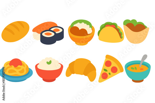 Food and cuisine flat icon set. Diverse, culinary icons for menus and food apps.