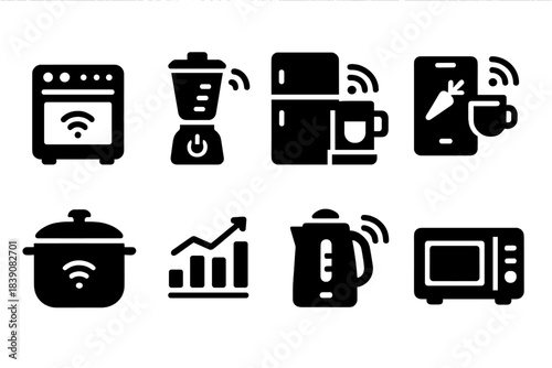 Smart kitchen appliances silhouette icon set for modern cooking and connectivity