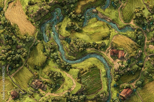 Top-down Medieval kingdom terrain map seamless rolling hills farmland and castles hand-painted style repeatable edges for strategy game tiles