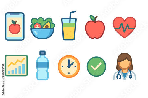 Healthcare and fitness icon set. Health, wellness, nutrition icons in flat style