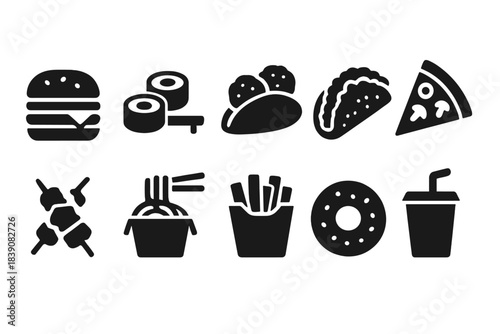 Food and beverage solid icon set. Fast food, snack, drink icons collection