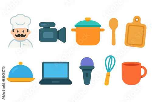 Culinary, kitchen tools flat icon set for chefs, cooking and food lovers