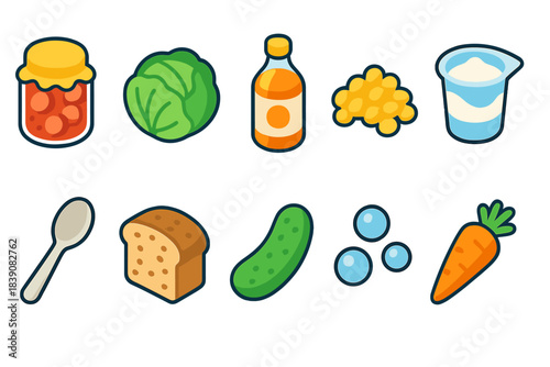 Food and drink flat icon set for cooking, grocery shopping, healthy eating