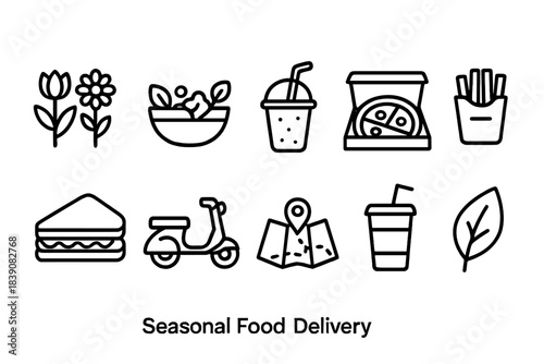 Food and delivery outline icon set. Seasonal groceries, transport icons.