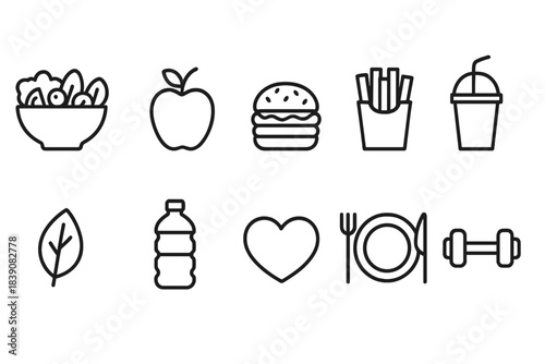 Healthy food and fitness outline icon set: nutrition, exercise, meal preparation