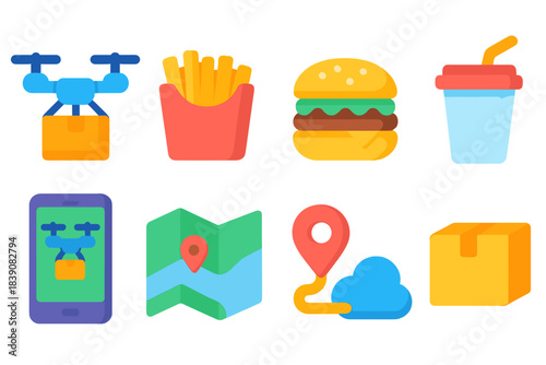 Food delivery flat icon set. Takeout, fast food, delivery service flat icons collection
