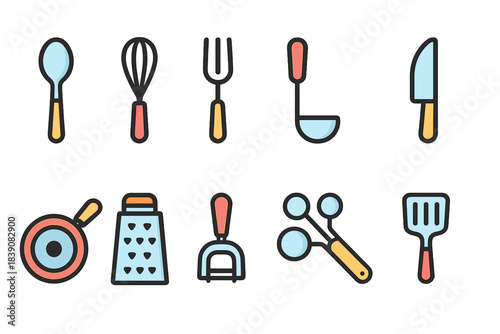 Cooking utensil flat icon set. Essential kitchen tools and gadgets icons collection.