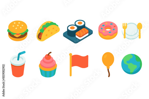 Food and drinks icon set. Delicious flat icons collection for culinary projects