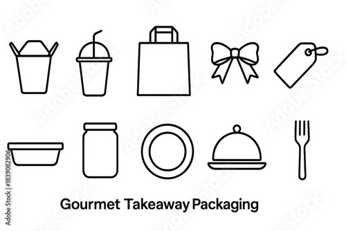 Takeaway packaging icon set. Line icons for gourmet delivery and food service